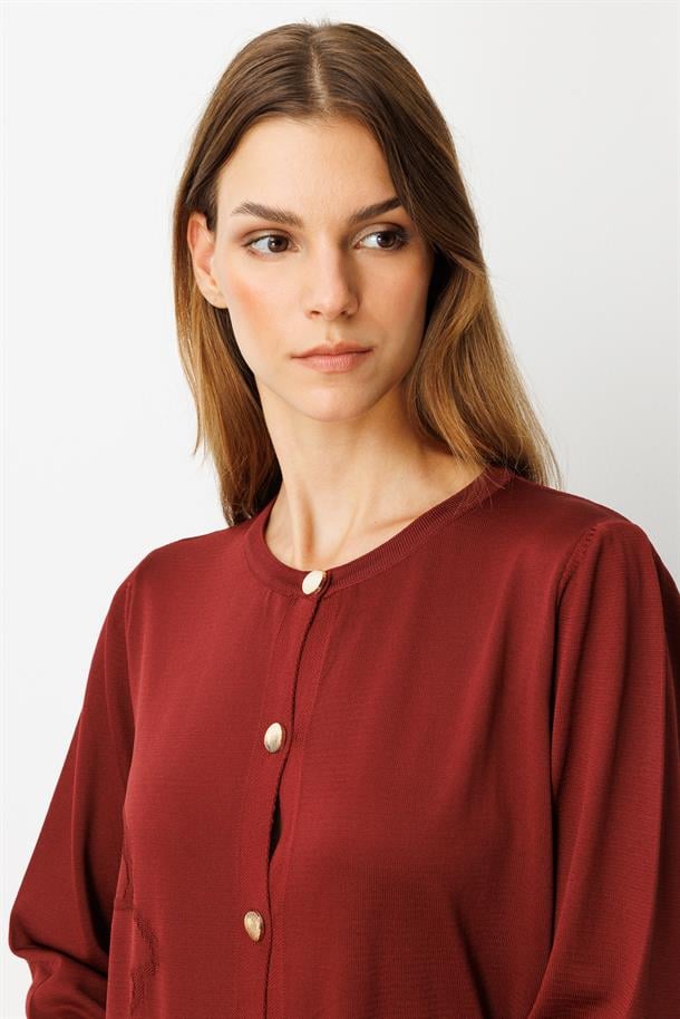 Çiçek Desenli Uzun Triko Hırka-BORDO