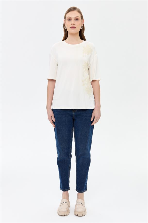 Çiçek İşlemeli Kısa Kollu Tişört-KEMIK