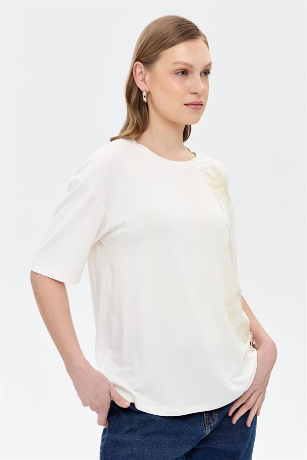 Çiçek İşlemeli Kısa Kollu Tişört-KEMIK