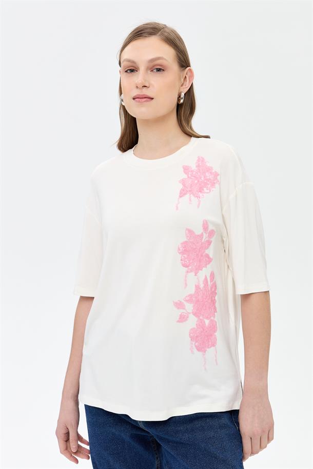Çiçek İşlemeli Kısa Kollu Tişört-PEMBE