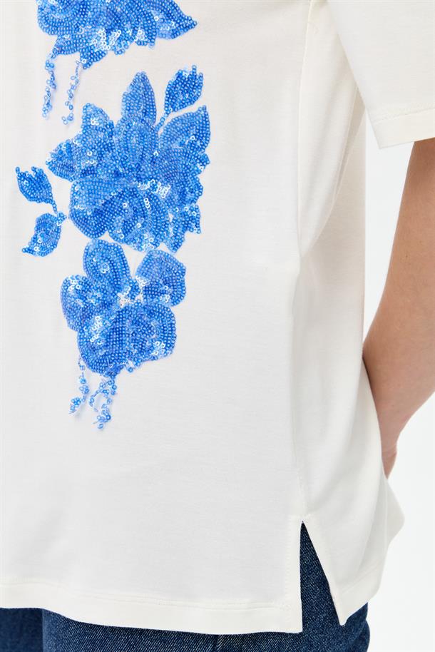 Çiçek İşlemeli Kısa Kollu Tişört-SAX