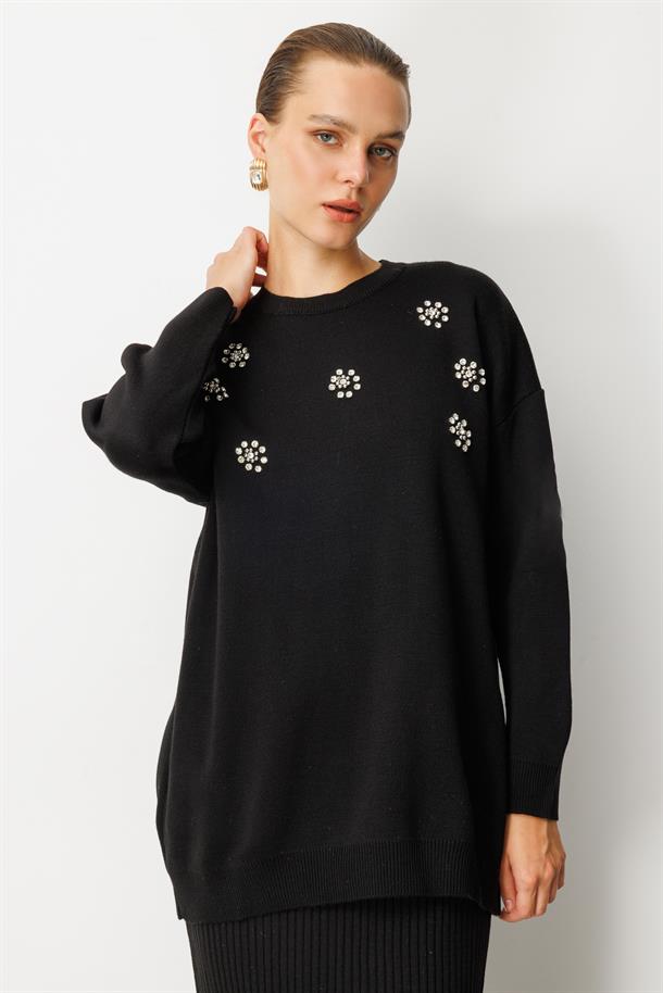 Çiçek Taş Detaylı Triko Tunik-SİYAH