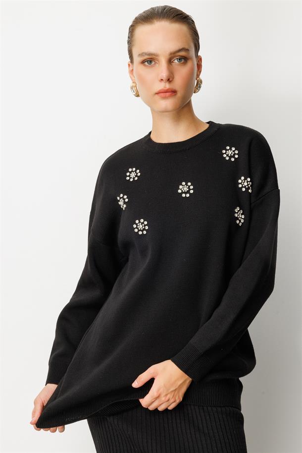 Çiçek Taş Detaylı Triko Tunik-SİYAH