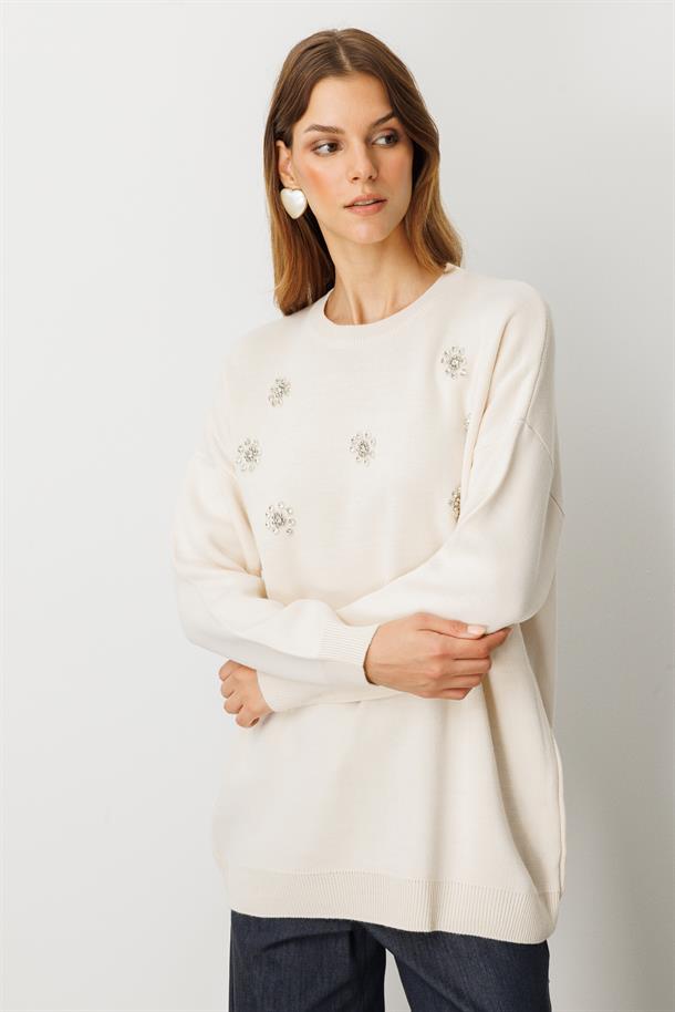 Çiçek Taş Detaylı Triko Tunik-KREM