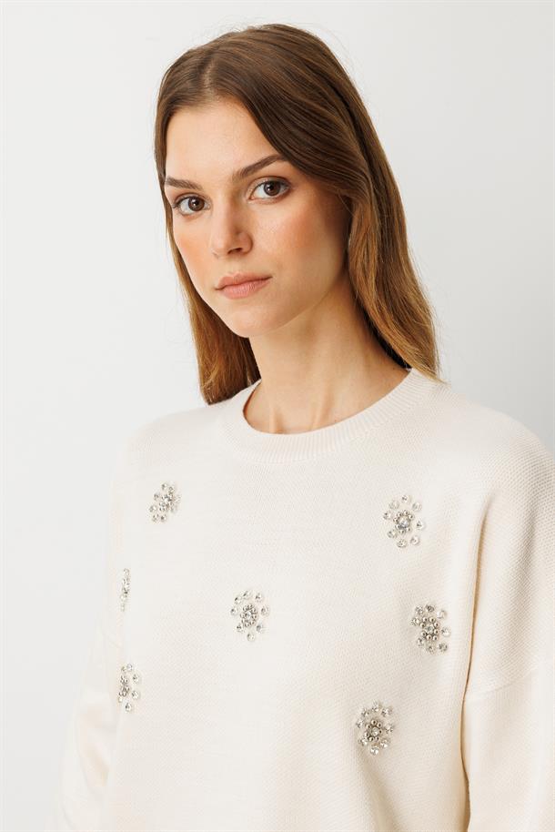 Çiçek Taş Detaylı Triko Tunik-KREM