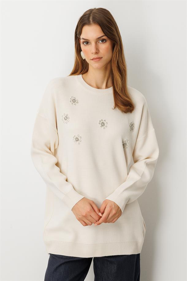 Çiçek Taş Detaylı Triko Tunik-KREM