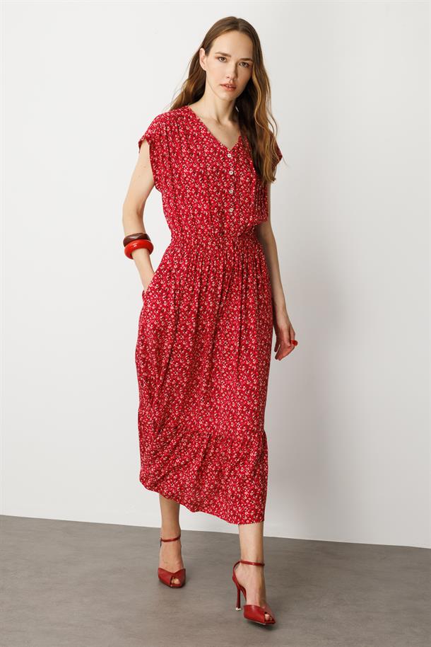 Çiçekli Viskon Elbise-KIRMIZI