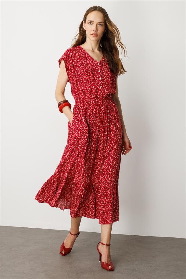 Çiçekli Viskon Elbise-KIRMIZI