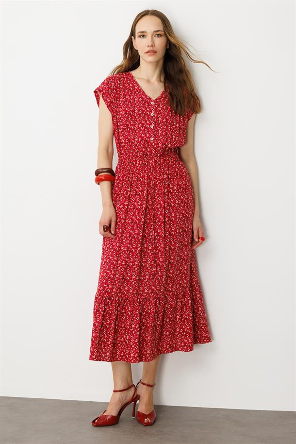 Çiçekli Viskon Elbise-KIRMIZI