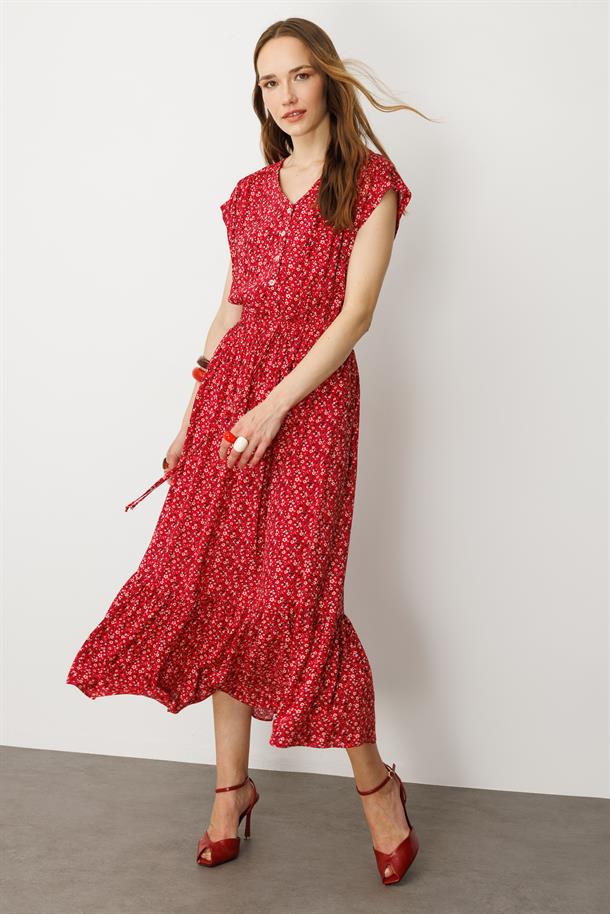 Çiçekli Viskon Elbise-KIRMIZI