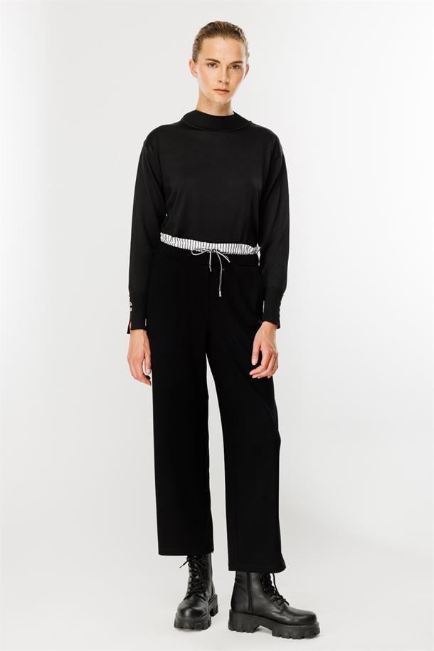 Çift Bel Detaylı Bel Lastikli Pantolon-SİYAH