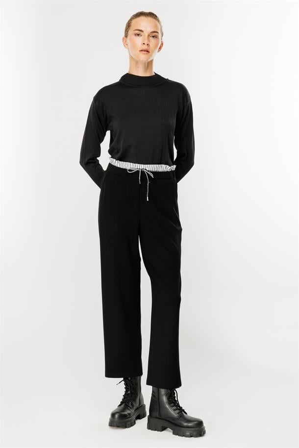 Çift Bel Detaylı Bel Lastikli Pantolon-SİYAH