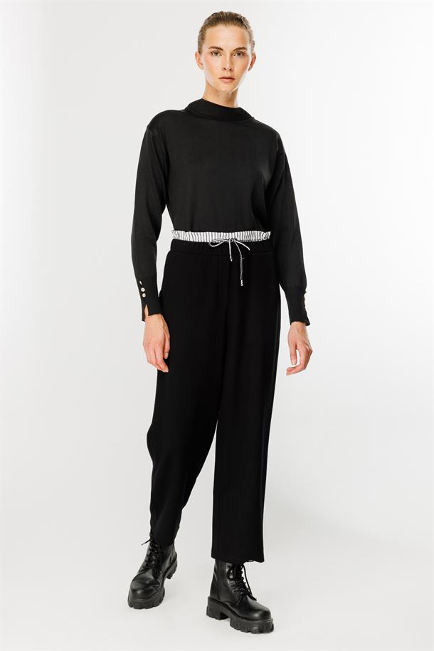 Çift Bel Detaylı Bel Lastikli Pantolon-SİYAH