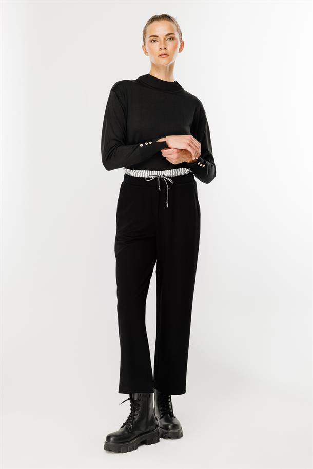 Çift Bel Detaylı Bel Lastikli Pantolon-SİYAH