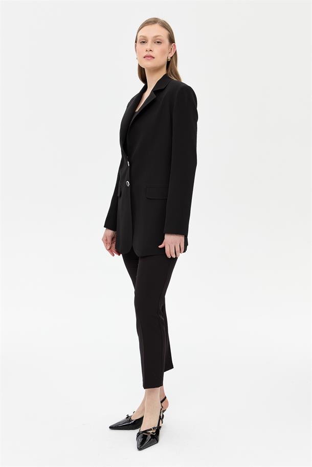 Çift Düğmeli Cep Detaylı Krep Ceket-SİYAH