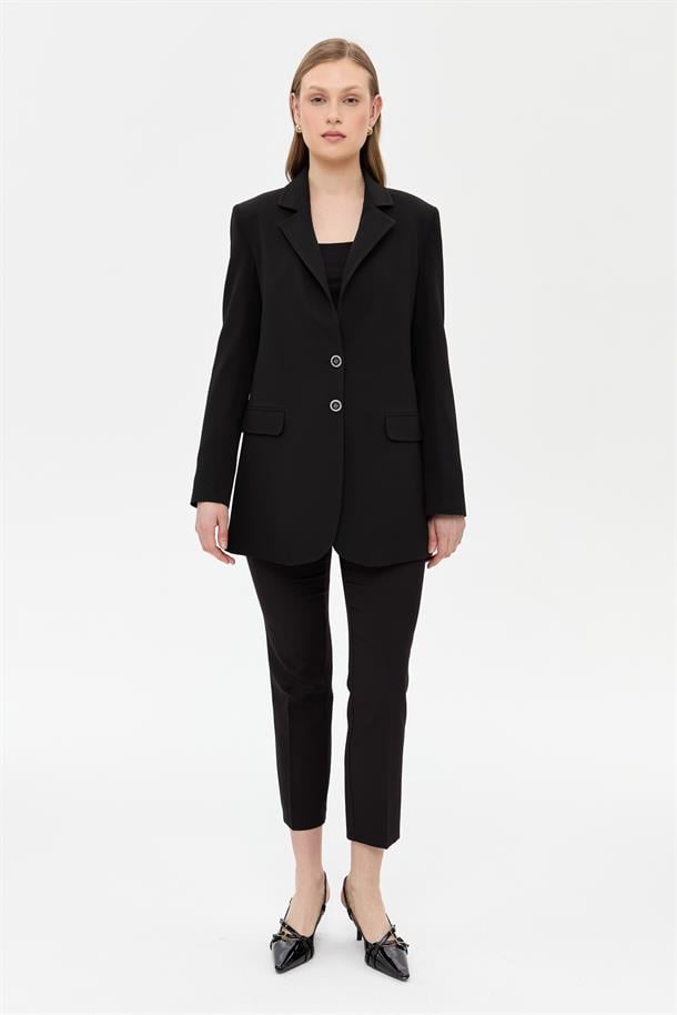 Çift Düğmeli Cep Detaylı Krep Ceket-SİYAH
