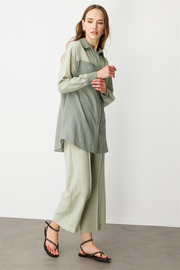 Çift Renk Keten Görünümlü Tunik Gömlek-MINT