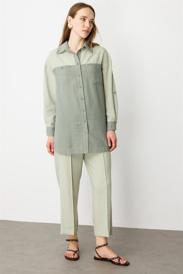 Çift Renk Keten Görünümlü Tunik Gömlek-MINT