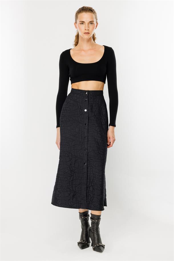 Çıtçıtlı Kapitone Etek-SİYAH
