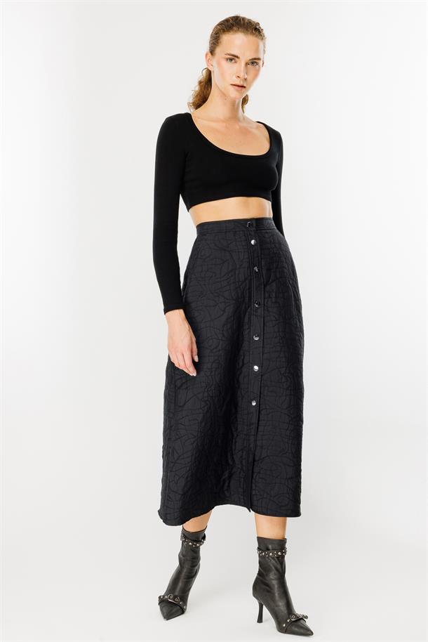 Çıtçıtlı Kapitone Etek-SİYAH