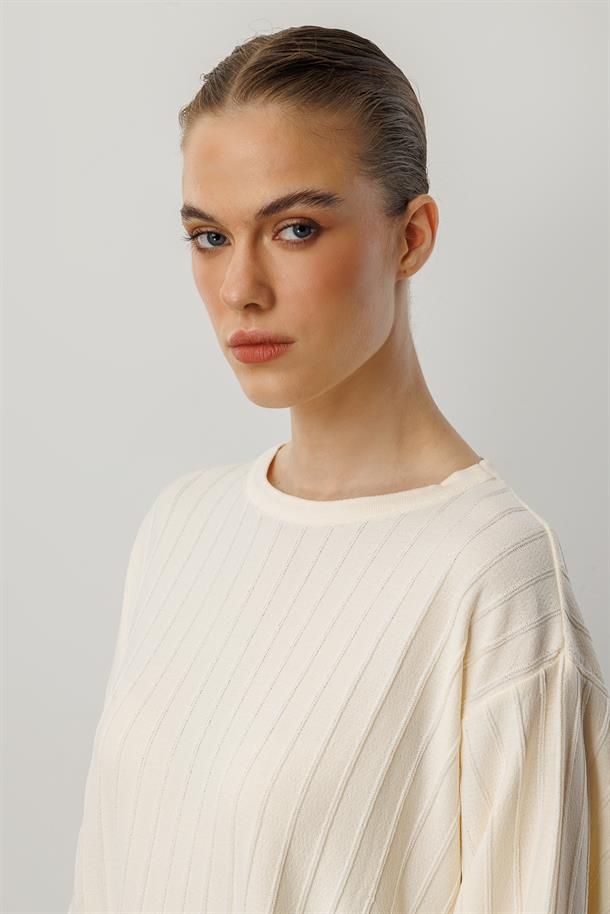 Çizgi Desen Pamuklu Triko Tunik-KREM