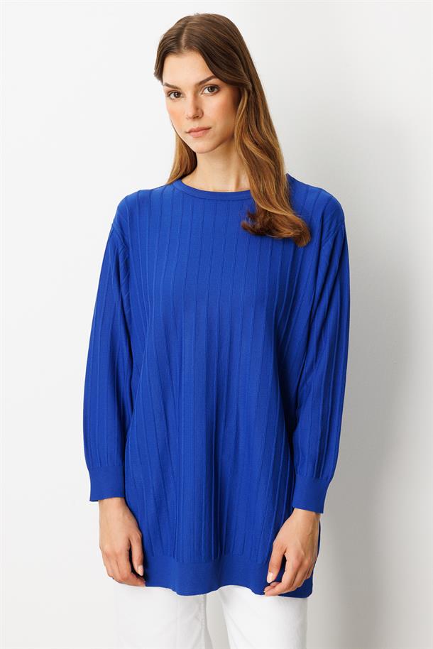 Çizgi Desen Pamuklu Triko Tunik-SAX