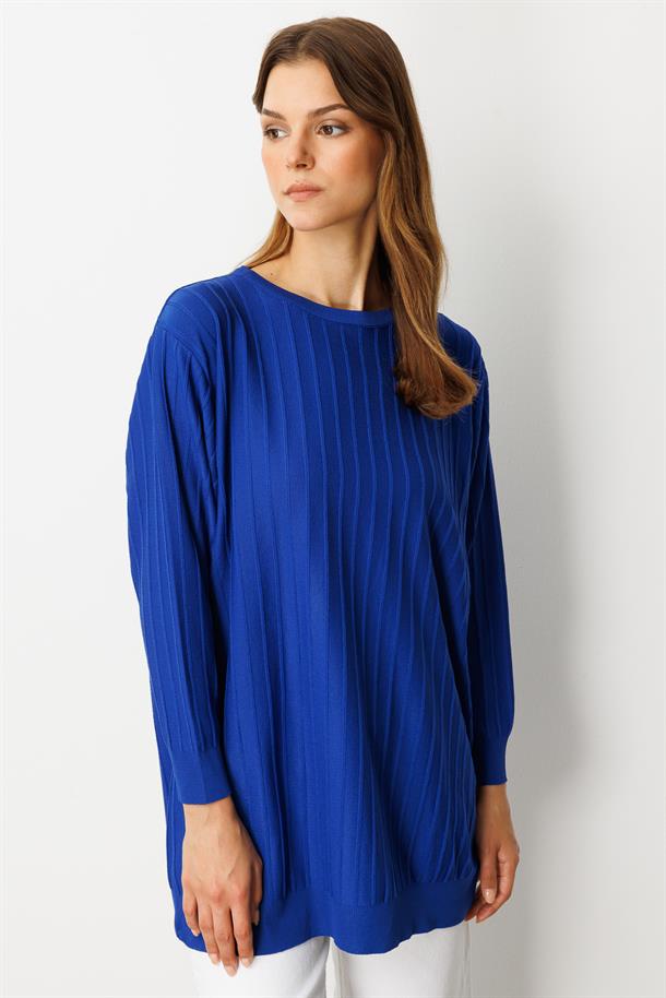 Çizgi Desen Pamuklu Triko Tunik-SAX