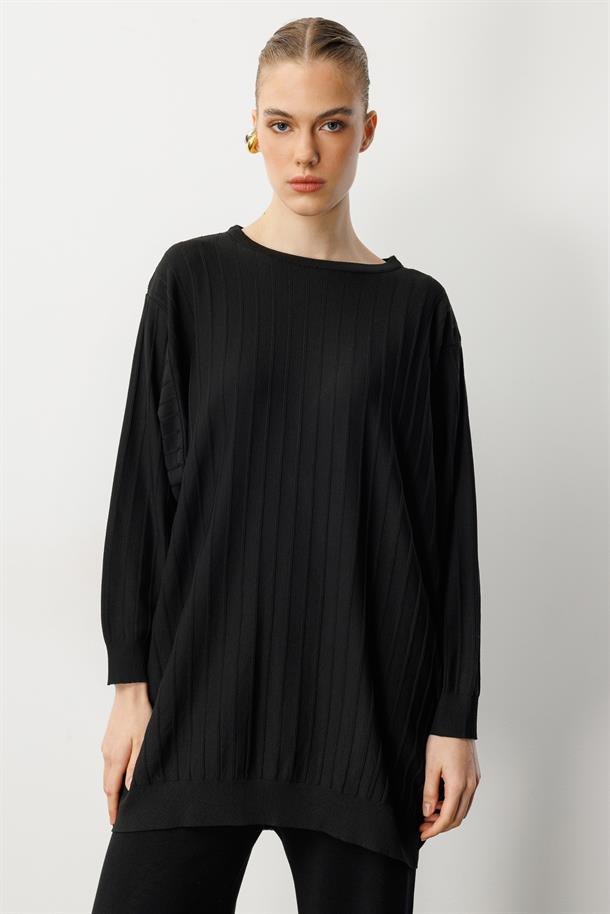 Çizgi Desen Pamuklu Triko Tunik-SİYAH