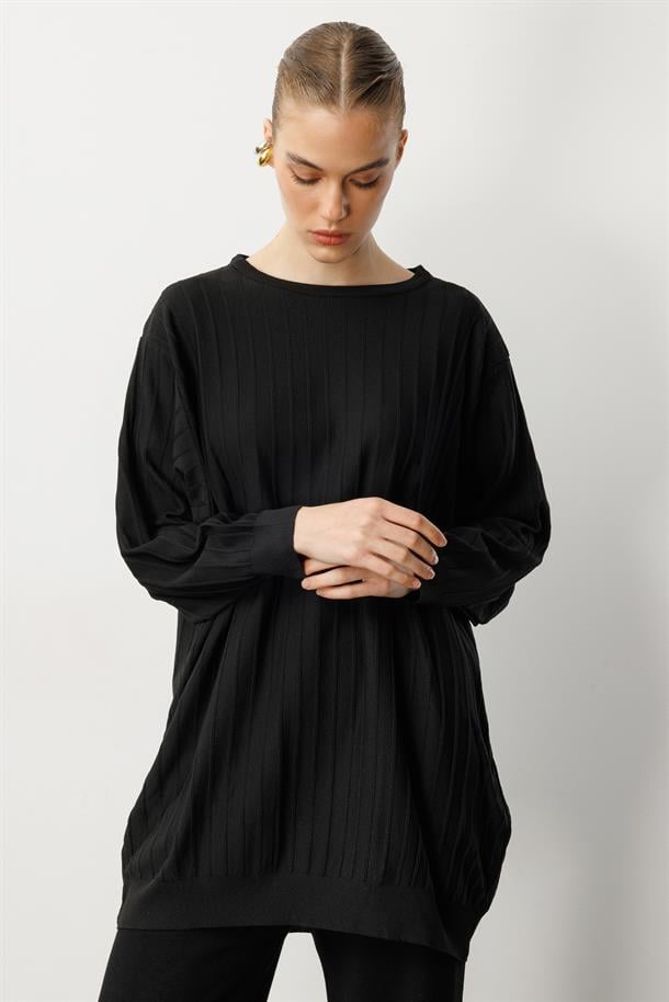 Çizgi Desen Pamuklu Triko Tunik-SİYAH