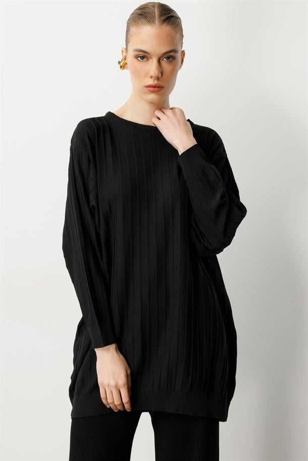 Çizgi Desen Pamuklu Triko Tunik-SİYAH