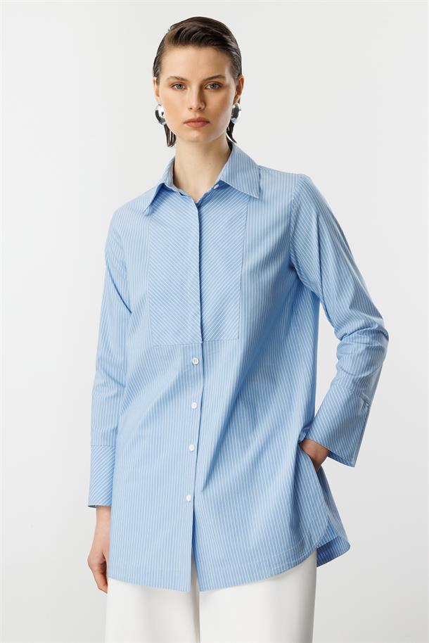 Çizgi Desen Pamuklu Uzun Gömlek-MAVİ