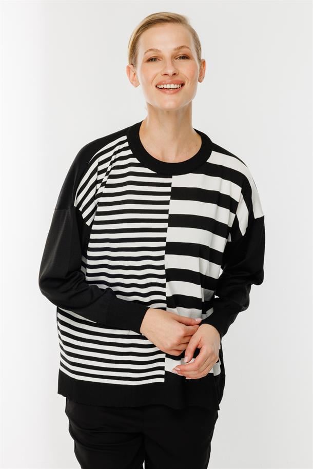 Çizgi Desenli Kazak-SİYAH