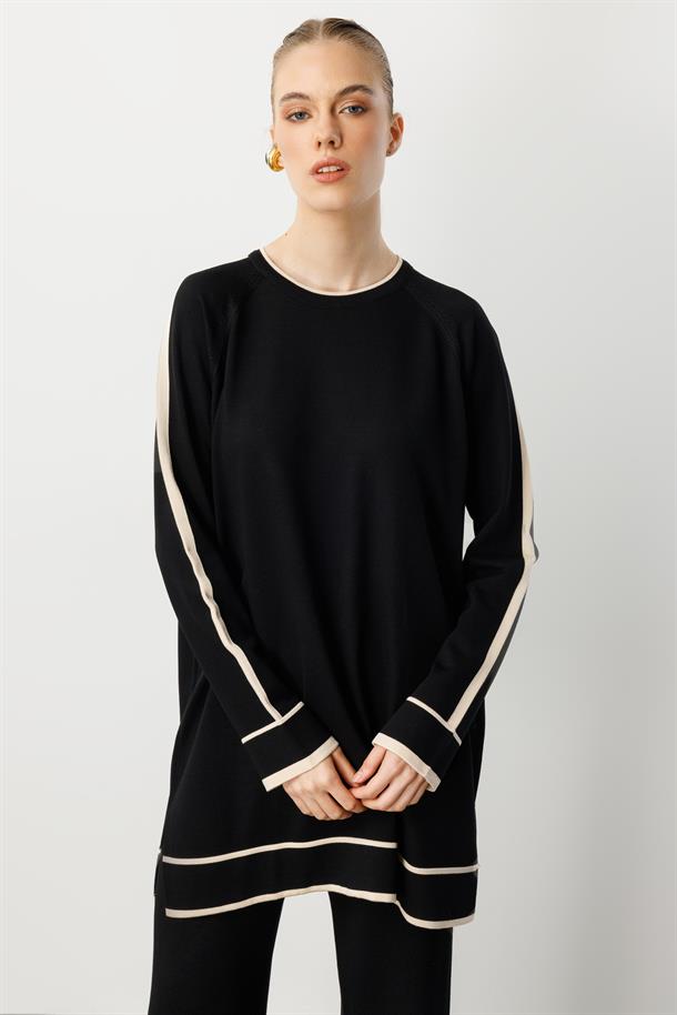 Çizgi Detaylı Triko Takım-SİYAH