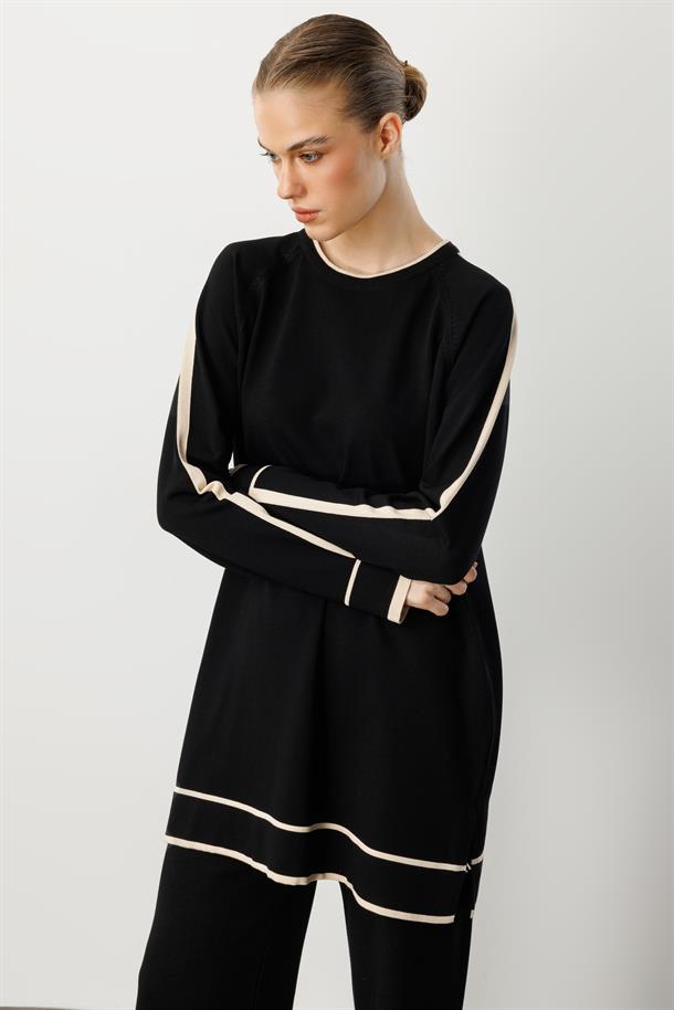 Çizgi Detaylı Triko Takım-SİYAH