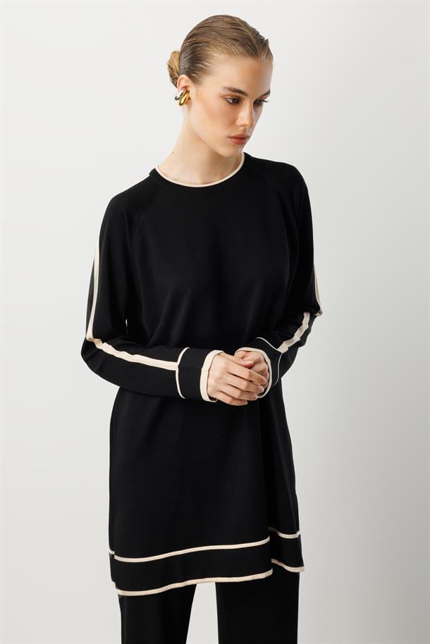 Çizgi Detaylı Triko Takım-SİYAH