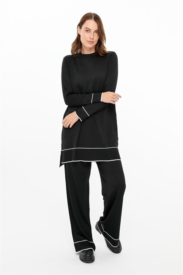Çizgi Kombinli Tunik Pantolon Triko Takım-SİYAH