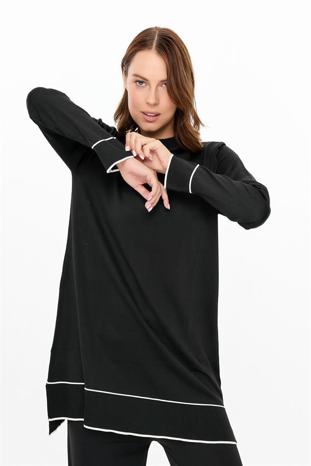 Çizgi Kombinli Tunik Pantolon Triko Takım-SİYAH