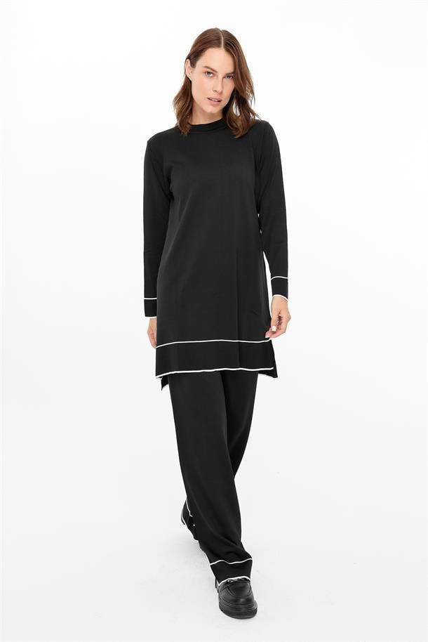 Çizgi Kombinli Tunik Pantolon Triko Takım-SİYAH
