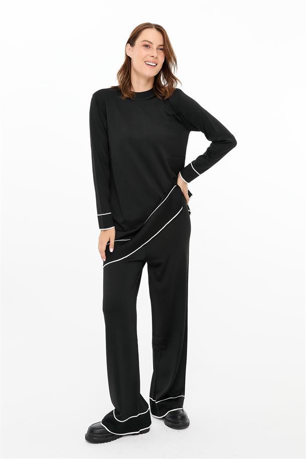 Çizgi Kombinli Tunik Pantolon Triko Takım-SİYAH