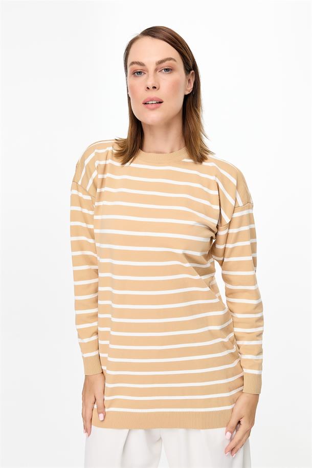 Çizgili Basic Triko Tunik-BİSKÜVİ