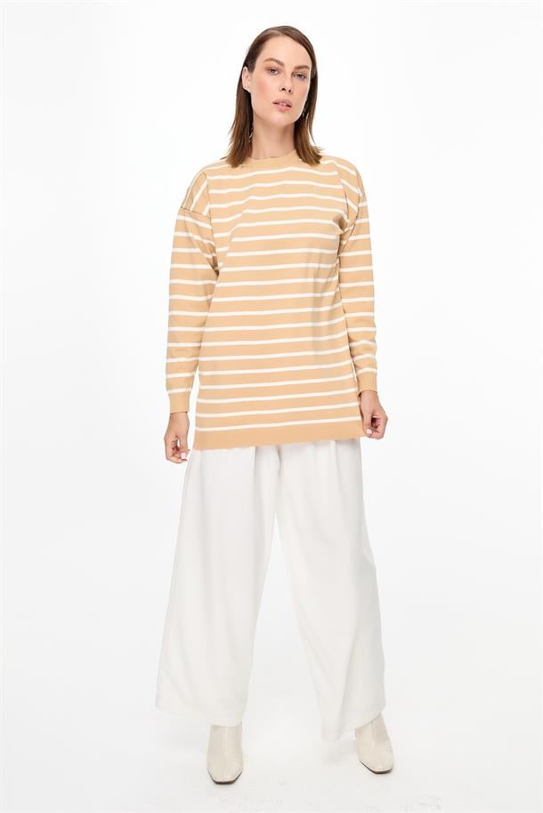 Çizgili Basic Triko Tunik-BİSKÜVİ