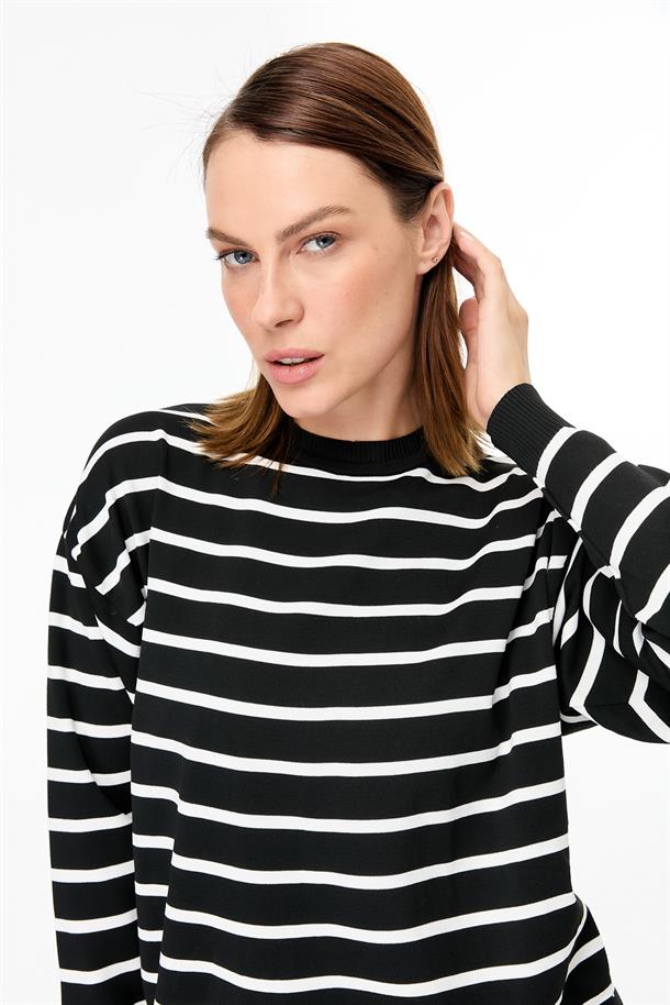 Çizgili Basic Triko Tunik-SİYAH