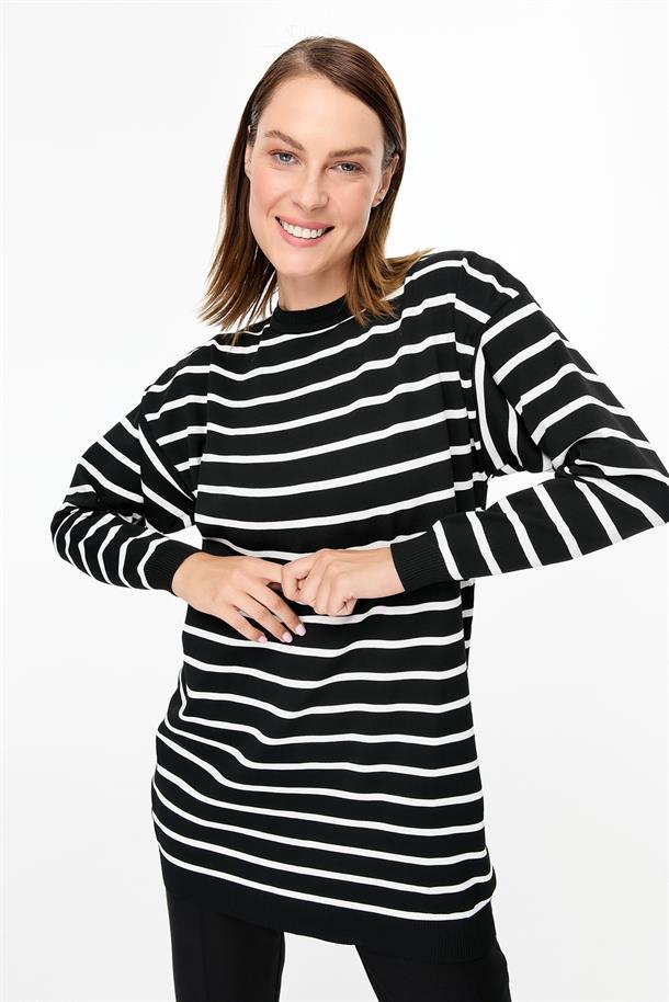 Çizgili Basic Triko Tunik-SİYAH