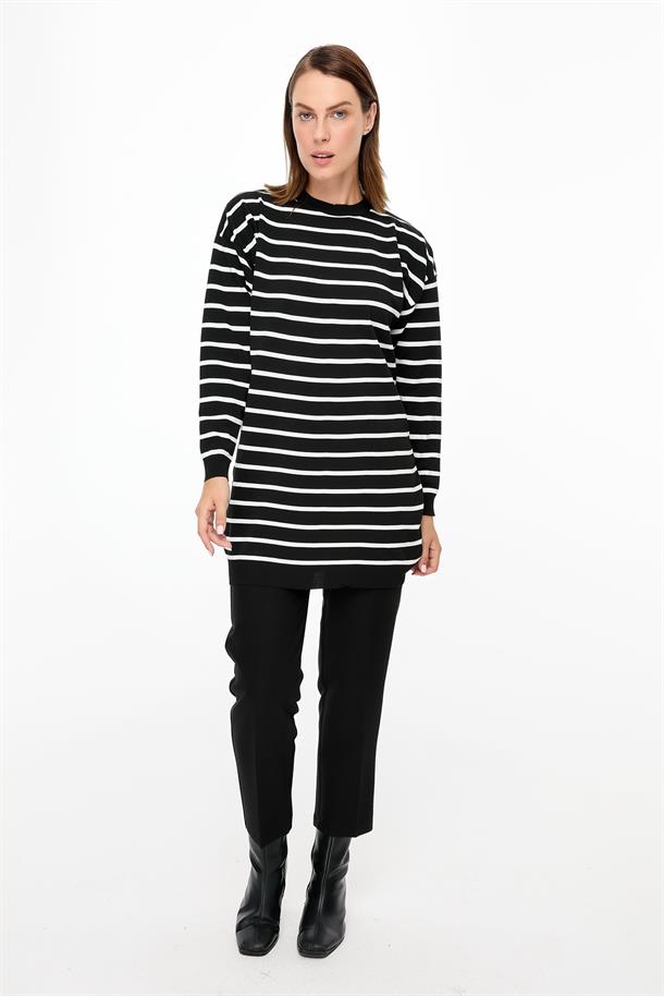 Çizgili Basic Triko Tunik-SİYAH