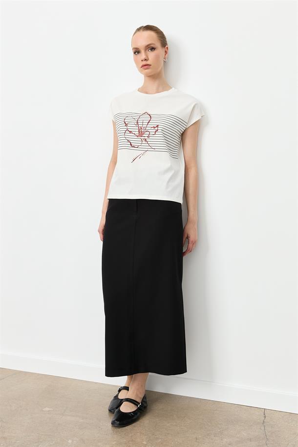 Çizgili Çiçek Desen Pamuklu Bluz-BORDO/SİYAH