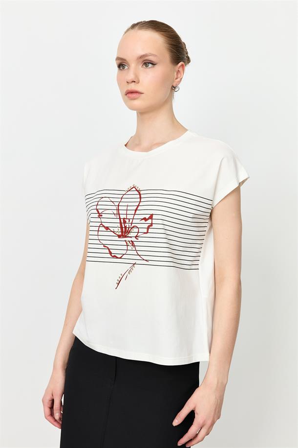 Çizgili Çiçek Desen Pamuklu Bluz-BORDO/SİYAH