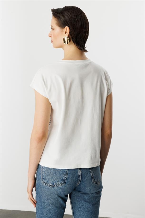 Çizgili Çiçek Desen Pamuklu Bluz-MAVİ