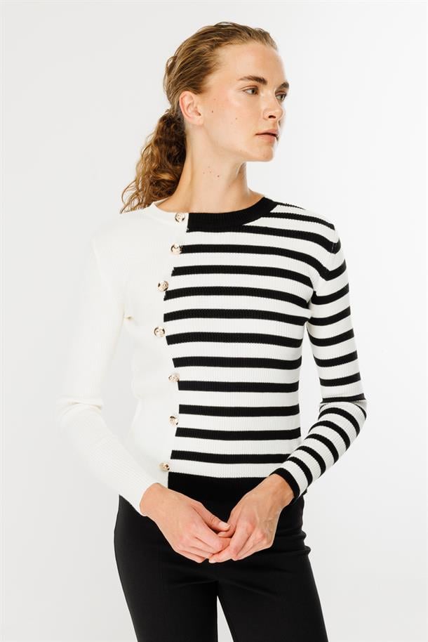 Çizgili Düğme Detaylı Triko Kazak-EKRU