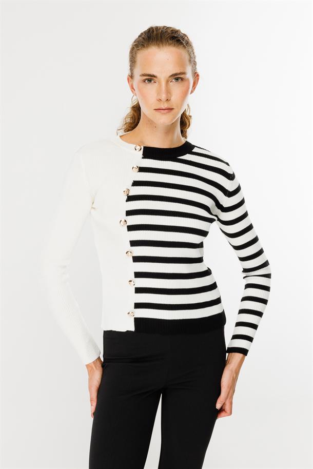 Çizgili Düğme Detaylı Triko Kazak-EKRU
