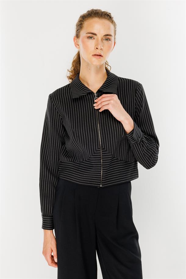 Çizgili Fermuarlı Kısa Bluz-SİYAH
